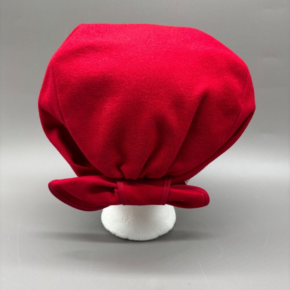Vintage Scandinavian Folk Hat Red Wool Bonnet Floral Trim Lining Ladies Cap - Picture 3 of 8